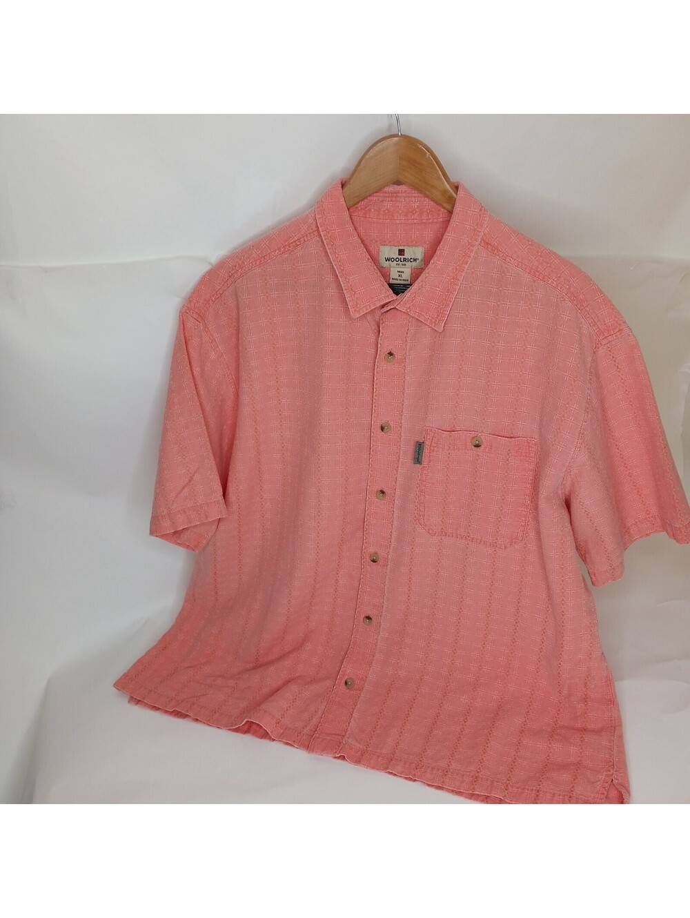 Woolrich Button-Down Shirt Salmon Pink Collared Short Sleeve Cotton Mens Size XL
